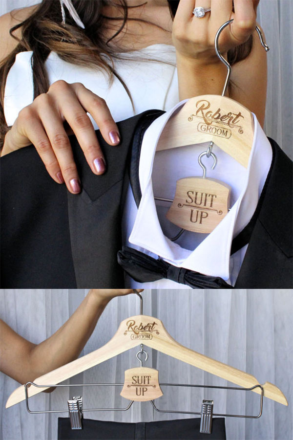 We think about wedding hangers for the ladies, but what about the guys? Suits and tuxes need special hanging, too! Sara makes these groom / groomsmen personalize hangers with a cute "suit up" sign on the trouser hanger. Great as groomsmen gifts. Look for it as the first listing on the page. #MyOnlineWeddingHelp #PersonalizedHangers #groom #groomsmen #groomsmengifts We think about wedding hangers for the ladies, but what about the guys? Suits and tuxes need special hanging, too! Sara makes these groom / groomsmen personalize hangers with a cute "suit up" sign on the trouser hanger. Great as groomsmen gifts. Look for it as the first listing on the page. #MyOnlineWeddingHelp #PersonalizedHangers #groom #groomsmen #groomsmengifts